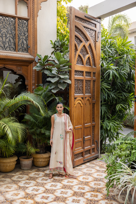 Beige Embroidered Cotton Net Kaftan Set (3-Piece) - Image 2