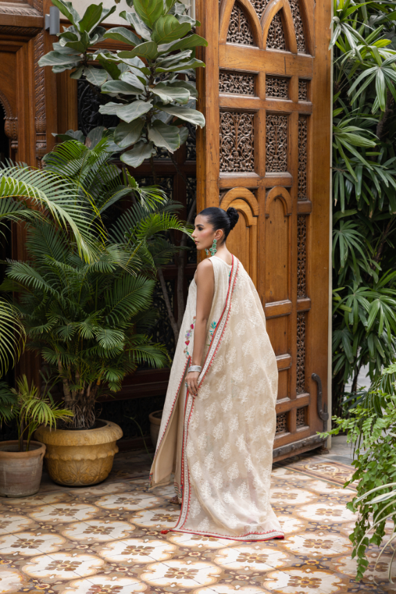 Beige Embroidered Cotton Net Kaftan Set (3-Piece) - Image 4