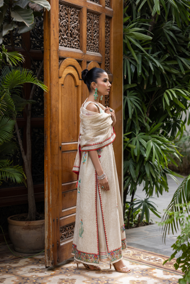 Beige Embroidered Cotton Net Kaftan Set (3-Piece) - Image 6