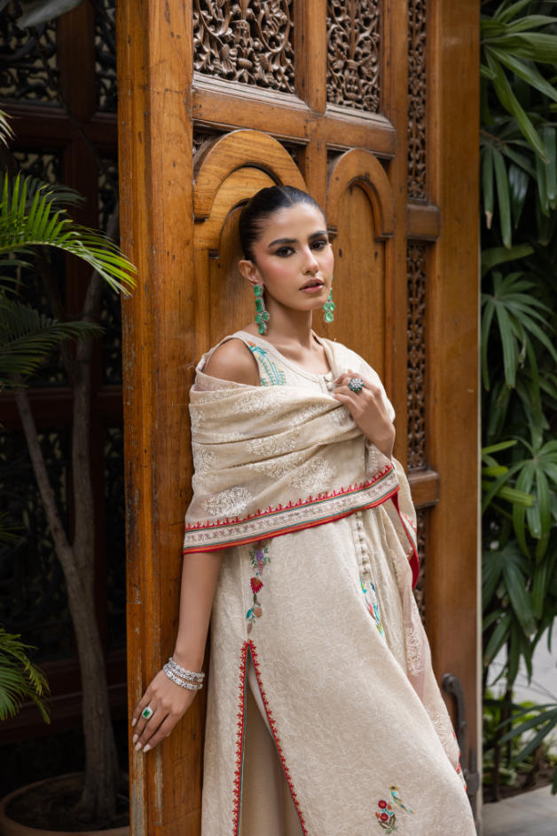 Beige Embroidered Cotton Net Kaftan Set (3-Piece) - Image 7