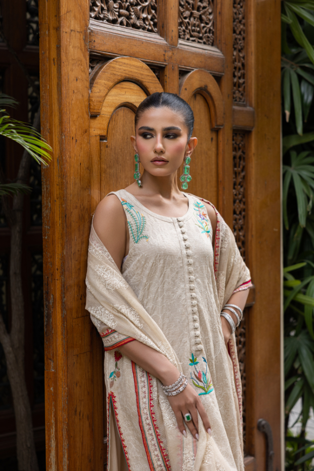 Beige Embroidered Cotton Net Kaftan Set (3-Piece) - Image 8
