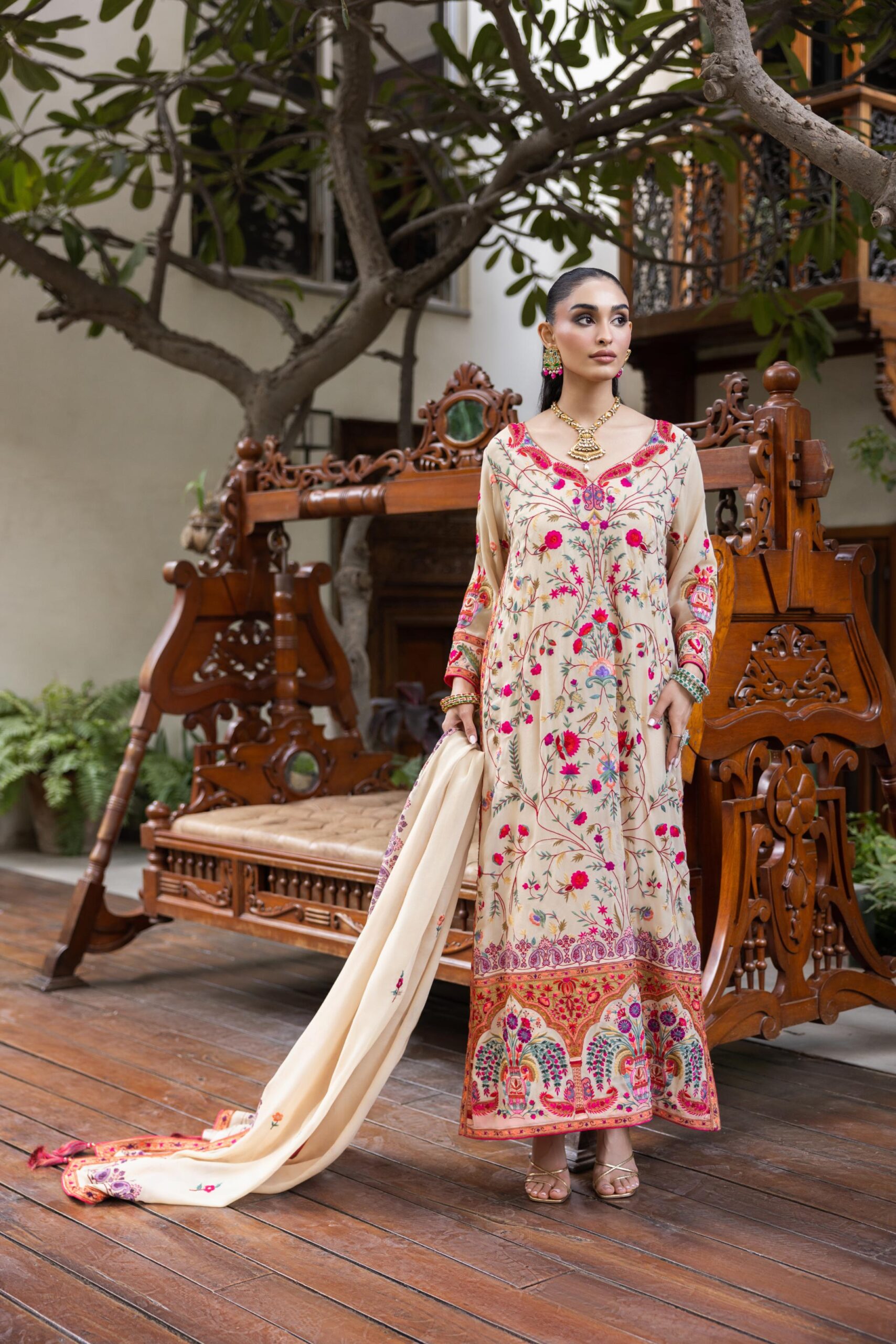 Pakistani Beige Arri Embroidered Pure Crepe Chiffon Kaftan (3-Piece) - Image 2