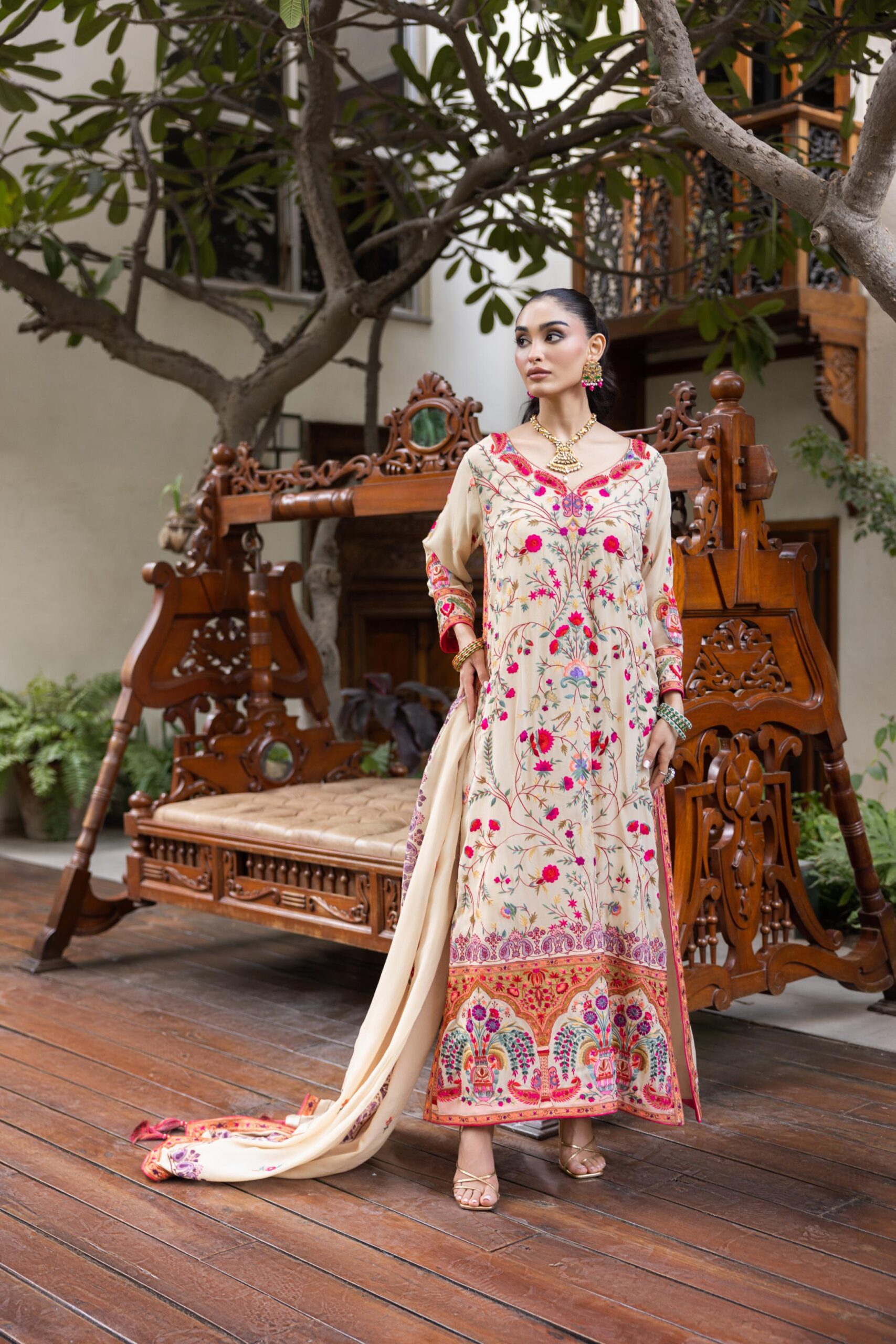 Pakistani Beige Arri Embroidered Pure Crepe Chiffon Kaftan (3-Piece) - Image 3