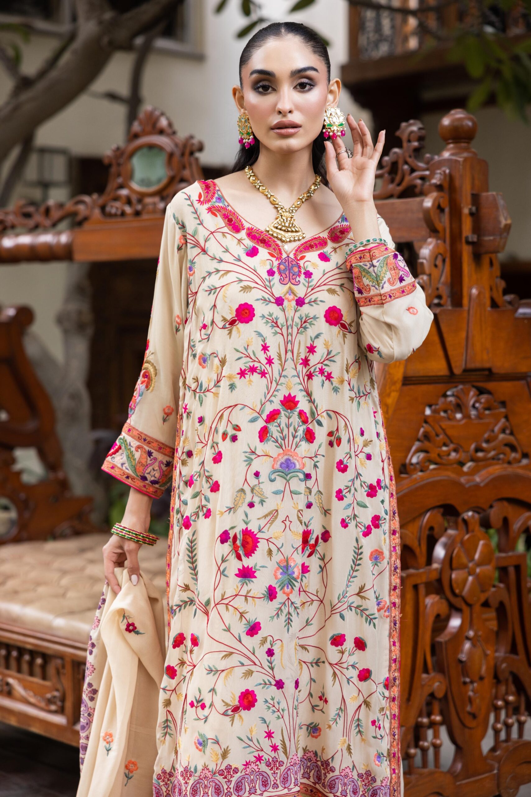 Pakistani Beige Arri Embroidered Pure Crepe Chiffon Kaftan (3-Piece) - Image 4