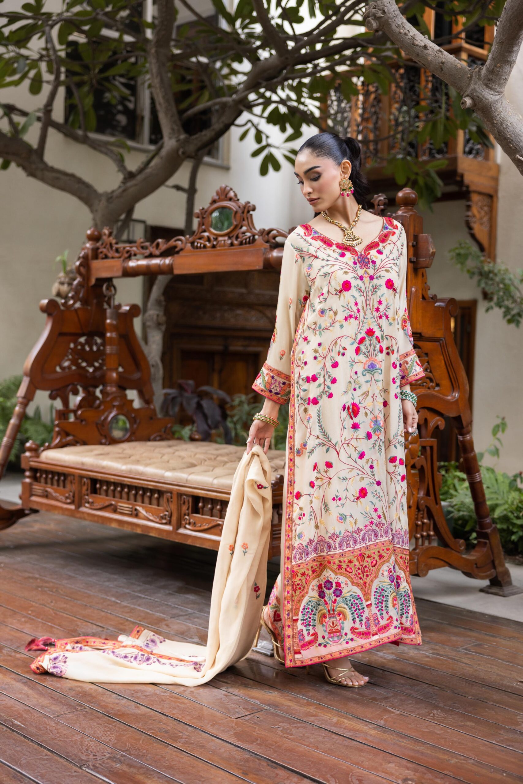 Pakistani Beige Arri Embroidered Pure Crepe Chiffon Kaftan (3-Piece) - Image 5