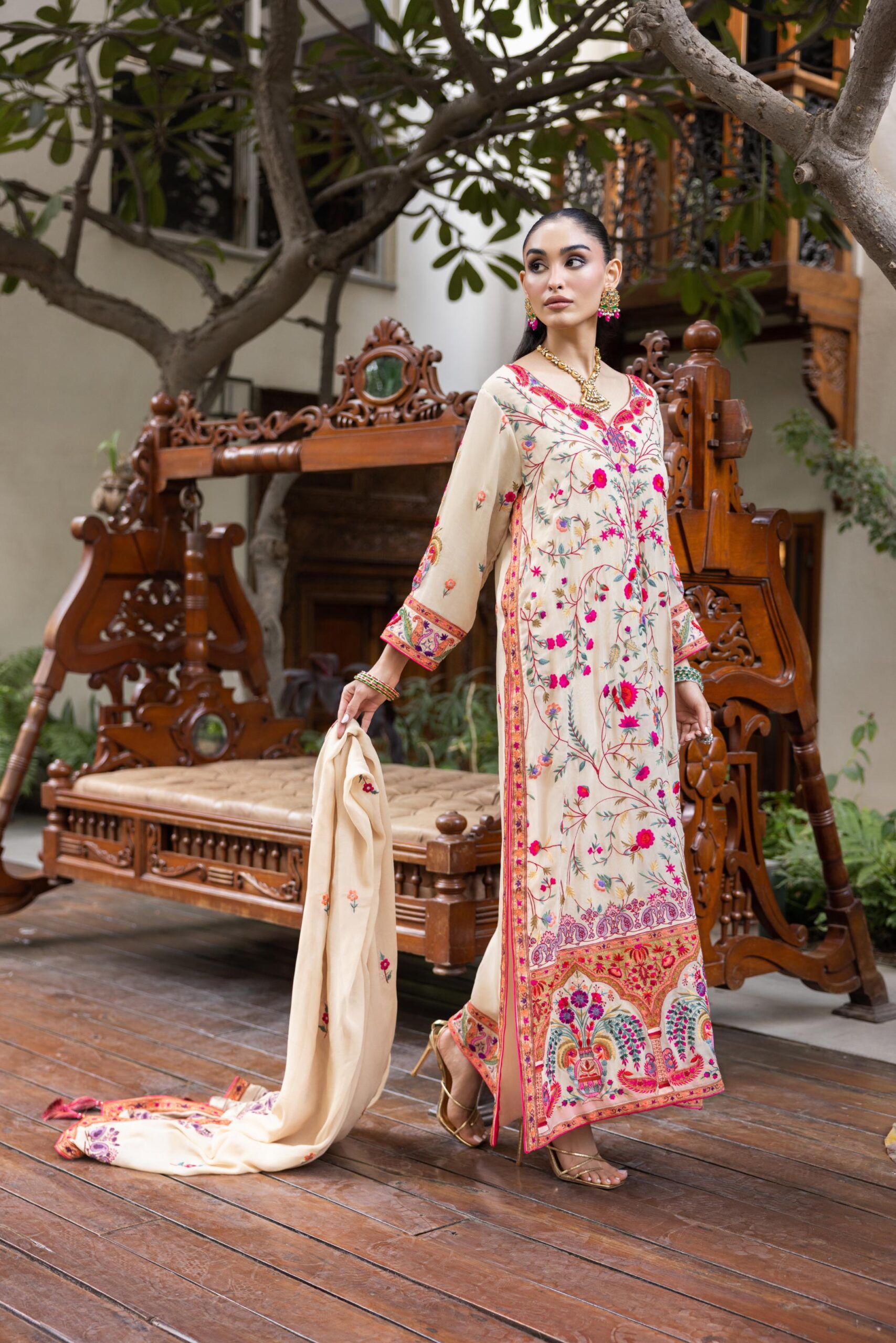 Pakistani Beige Arri Embroidered Pure Crepe Chiffon Kaftan (3-Piece) - Image 6