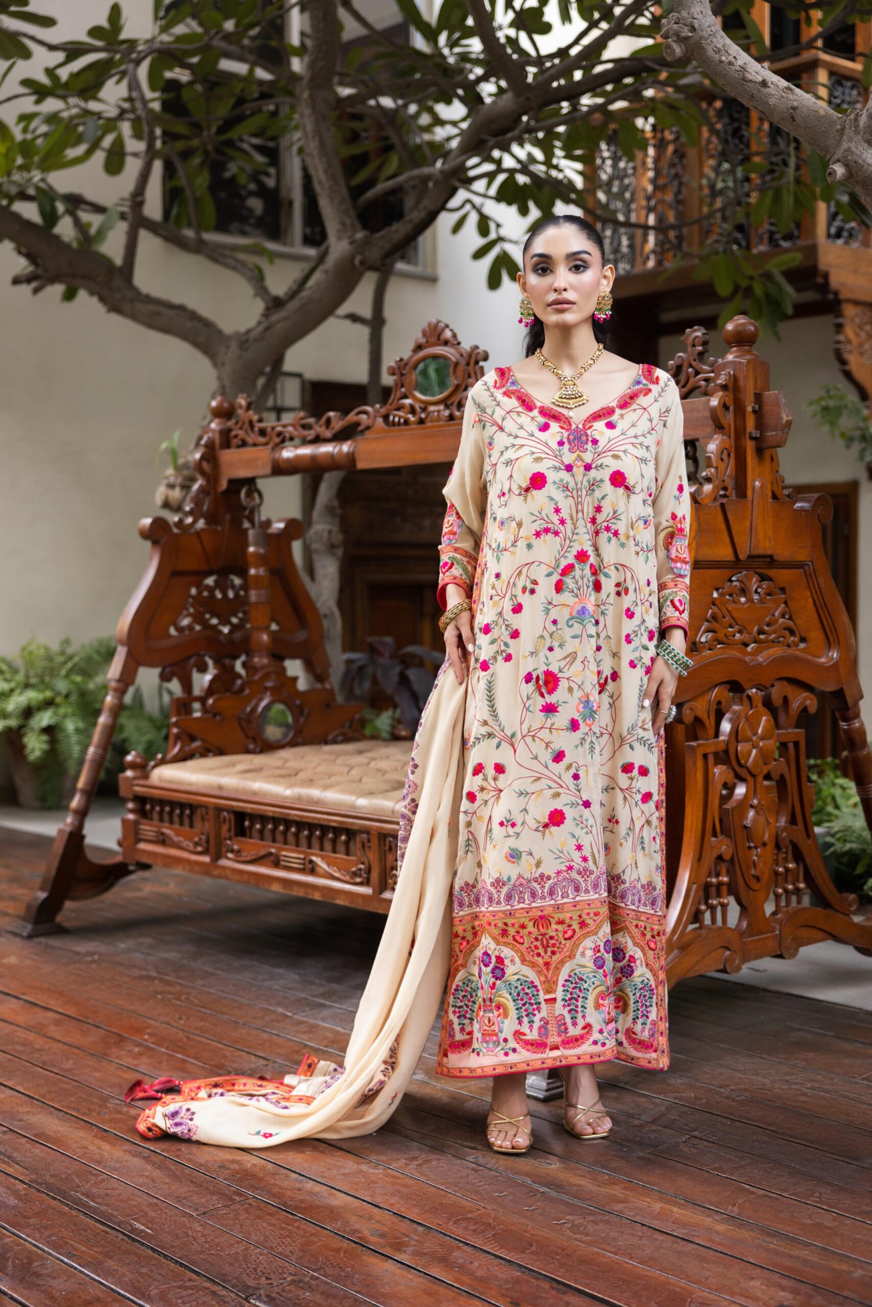 Pakistani Beige Arri Embroidered Pure Crepe Chiffon Kaftan (3-Piece) - Image 7