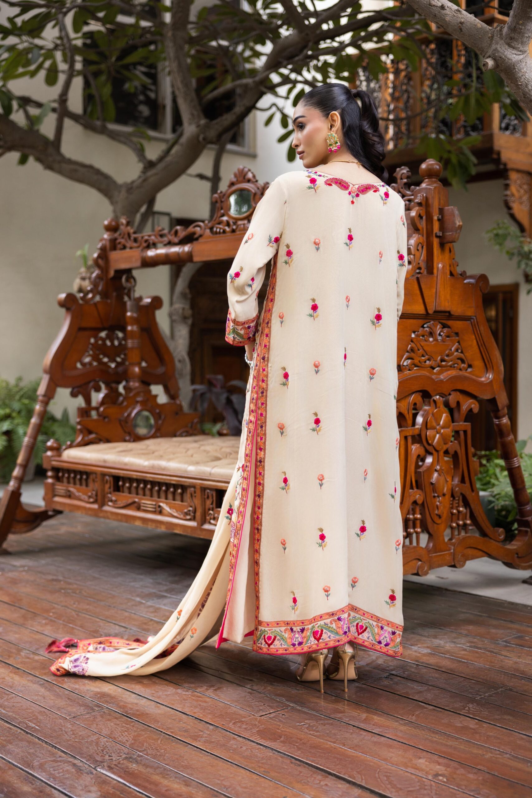 Pakistani Beige Arri Embroidered Pure Crepe Chiffon Kaftan (3-Piece) - Image 8