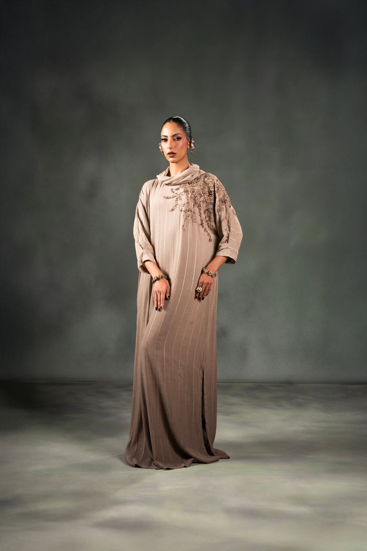 Taupe Embroidered Crepe Kaftan (1-Pc) - Image 1