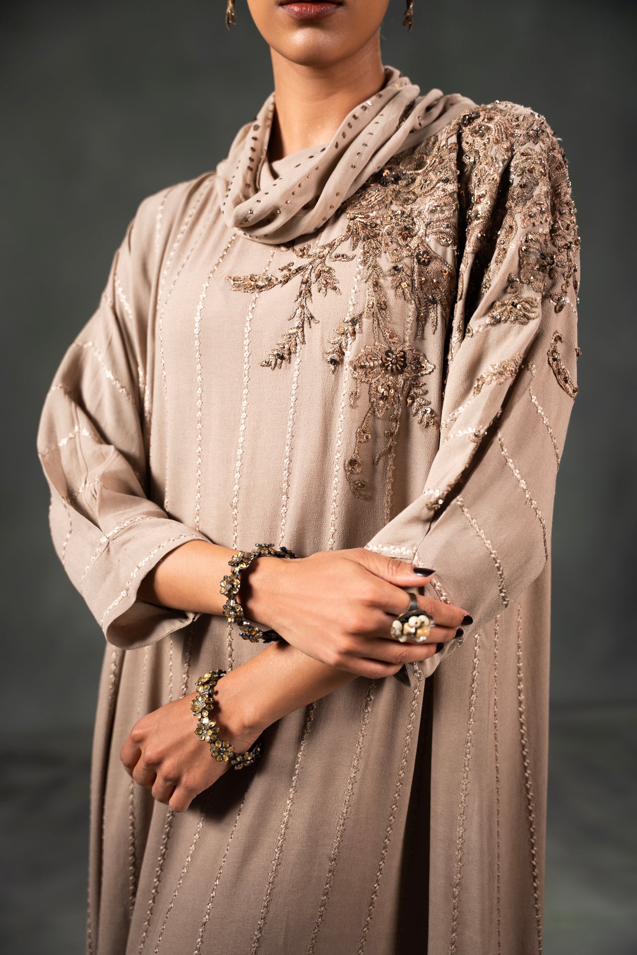 Taupe Embroidered Crepe Kaftan (1-Pc) - Image 2