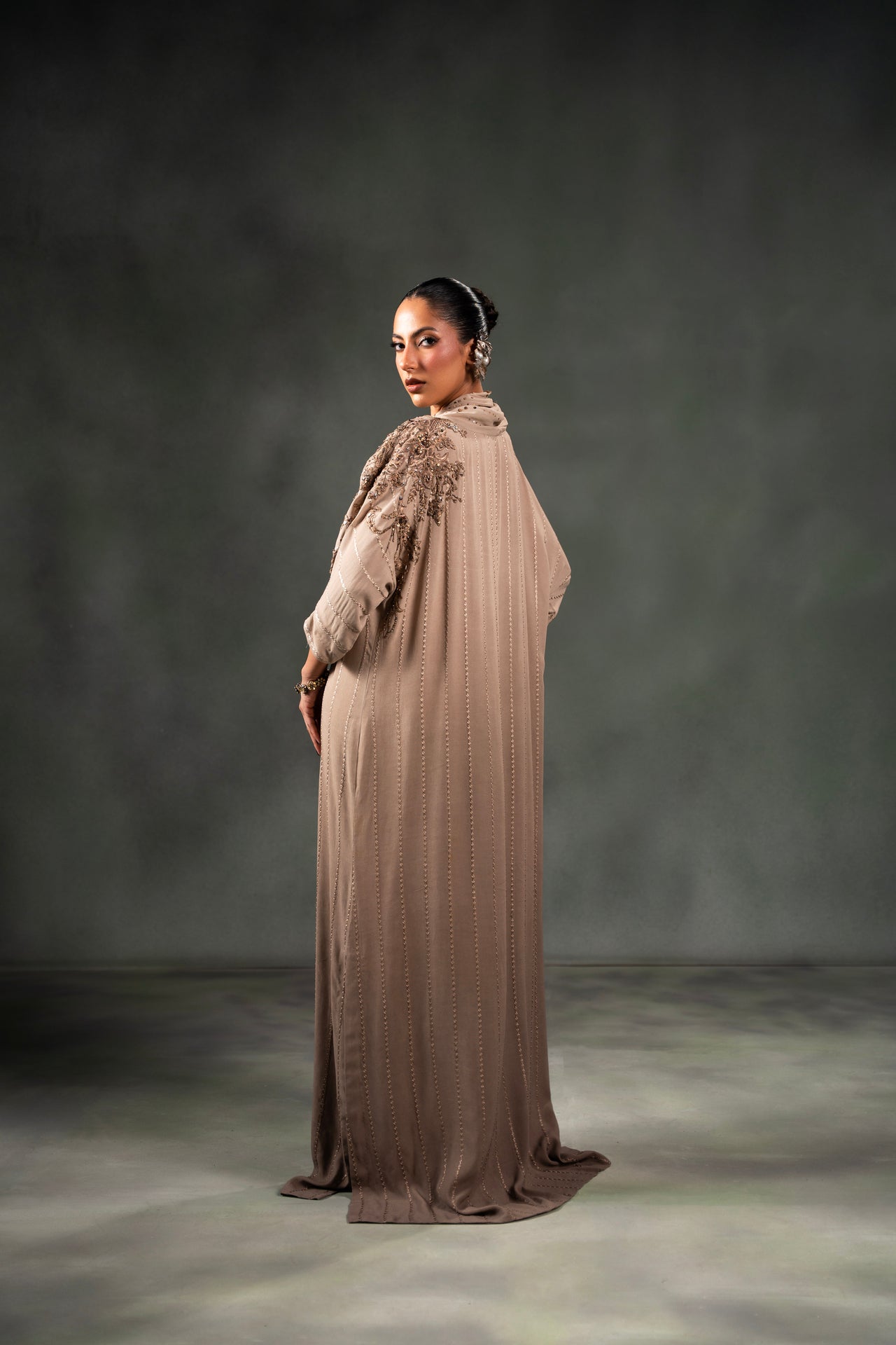 Taupe Embroidered Crepe Kaftan (1-Pc) - Image 4