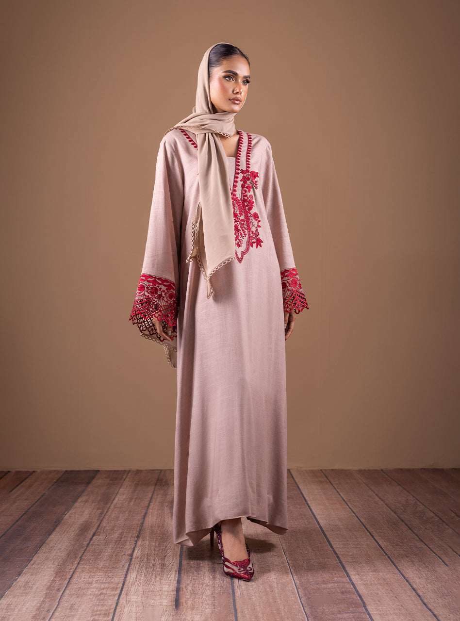 Beige Embroidered Kaftan with Cutwork Lace (2-Piece) - Image 1