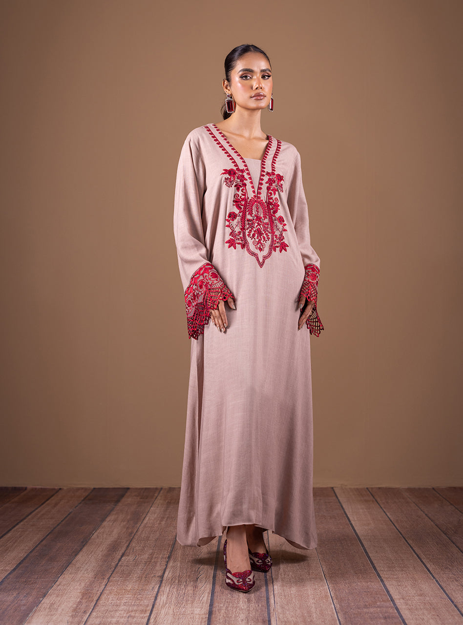 Beige Embroidered Kaftan with Cutwork Lace (2-Piece) - Image 2