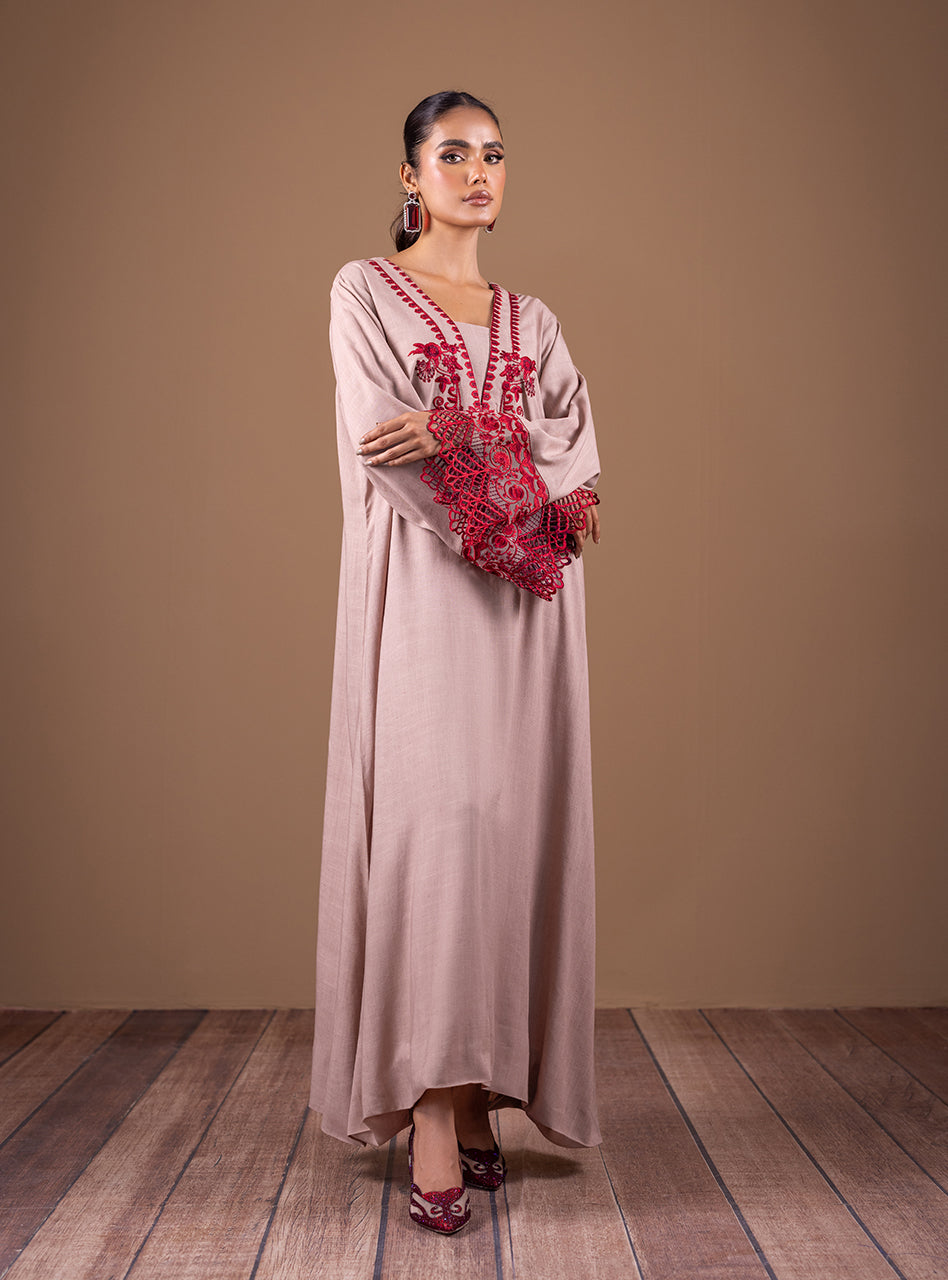 Beige Embroidered Kaftan with Cutwork Lace (2-Piece) - Image 3