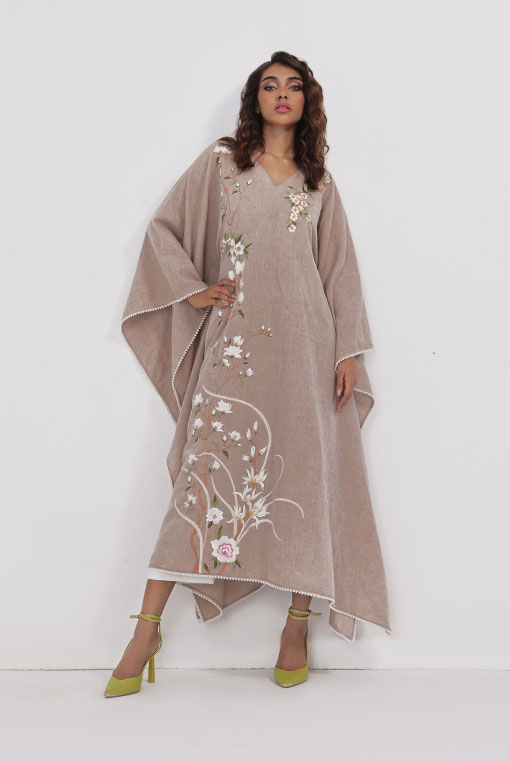 Pakistani Beige Embroidered Pure Irish Cotton Kaftan (2-Piece) - Image 1