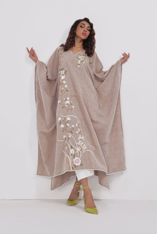 Pakistani Beige Embroidered Pure Irish Cotton Kaftan (2-Piece) - Image 2