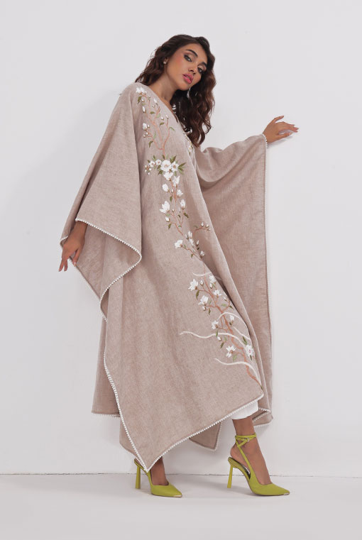 Pakistani Beige Embroidered Pure Irish Cotton Kaftan (2-Piece) - Image 3