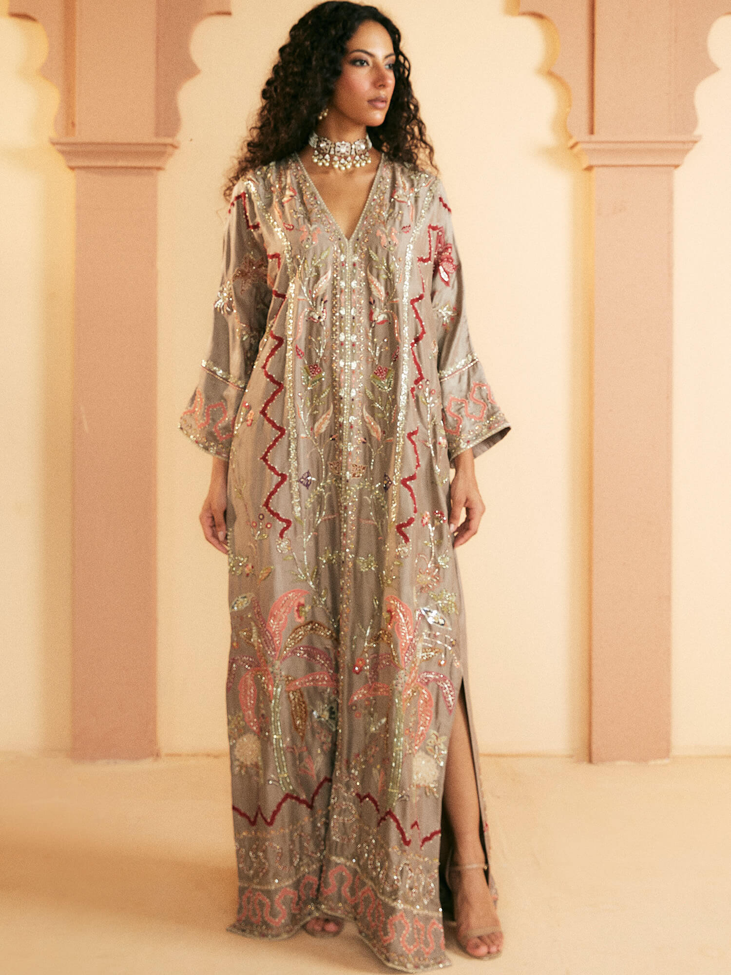 Pakistani Taupe Hand-Embroidered Raw Silk Kaftan (1-Pc) - Image 1
