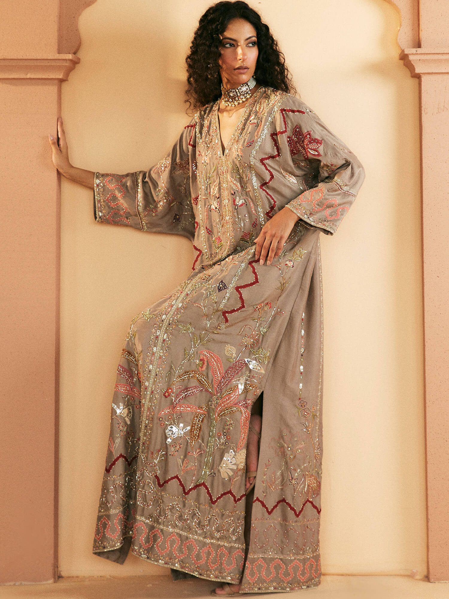 Pakistani Taupe Hand-Embroidered Raw Silk Kaftan (1-Pc) - Image 2