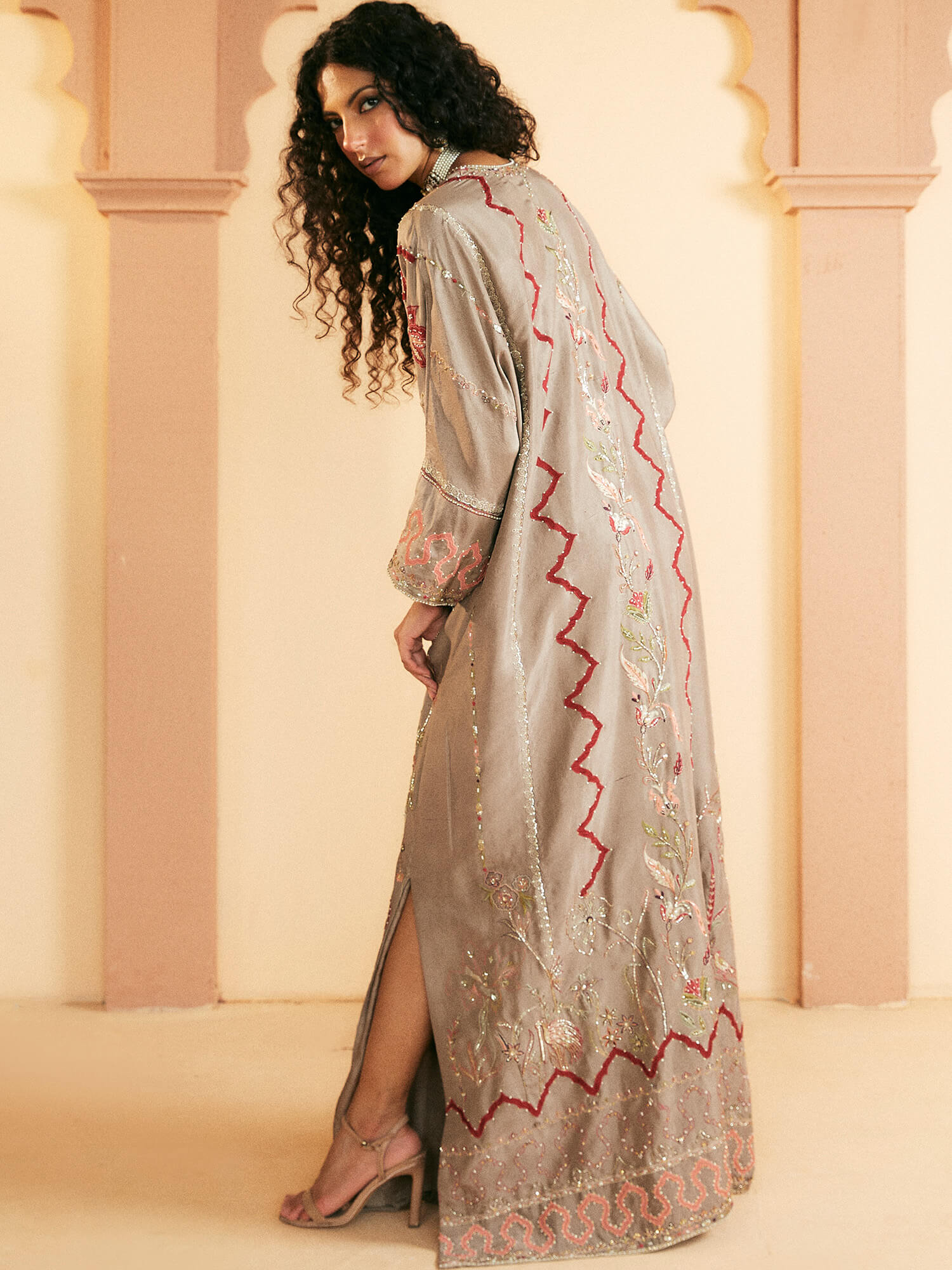 Pakistani Taupe Hand-Embroidered Raw Silk Kaftan (1-Pc) - Image 3