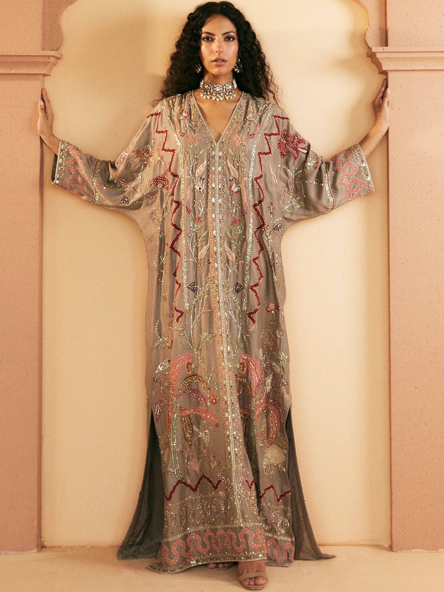Pakistani Taupe Hand-Embroidered Raw Silk Kaftan (1-Pc) - Image 4