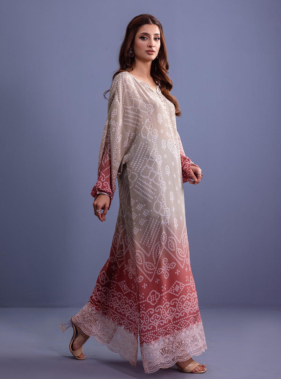 Beige Coral Embroidered Silk Kaftan (1-Pc) - Image 1