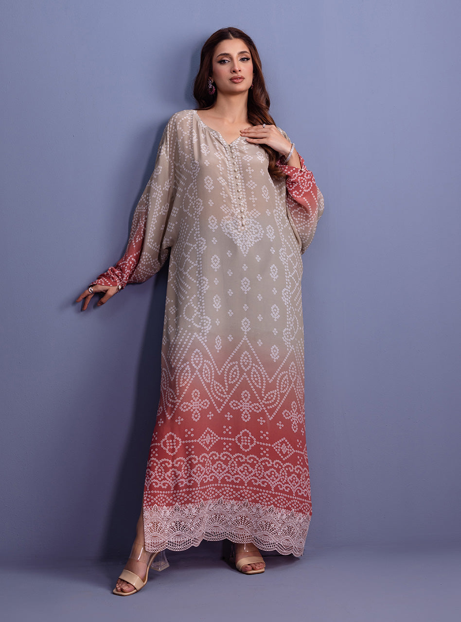 Beige Coral Embroidered Silk Kaftan (1-Pc) - Image 3