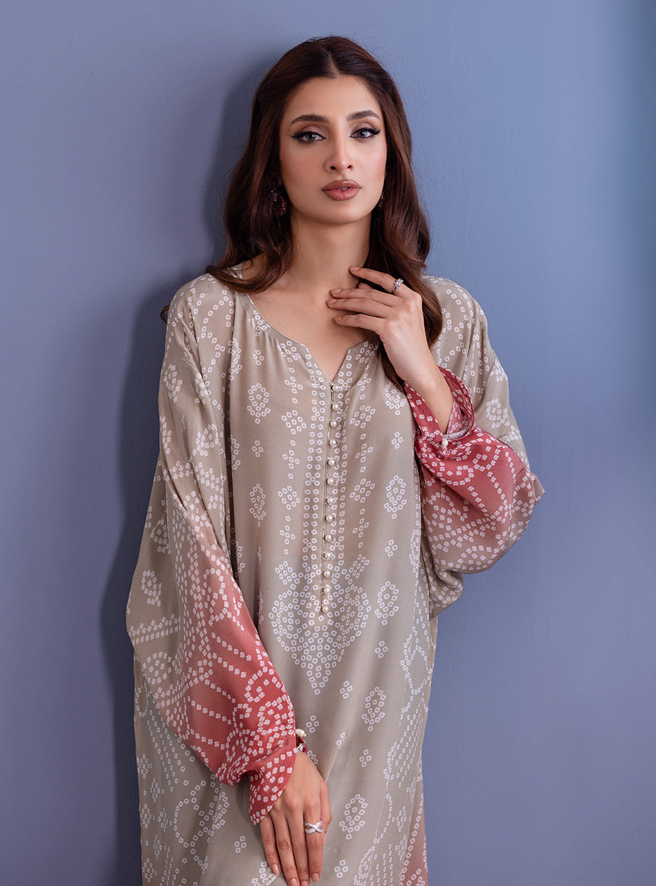 Beige Coral Embroidered Silk Kaftan (1-Pc) - Image 5