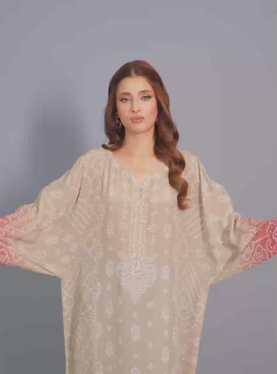 Beige Coral Embroidered Silk Kaftan (1-Pc) - Image 6