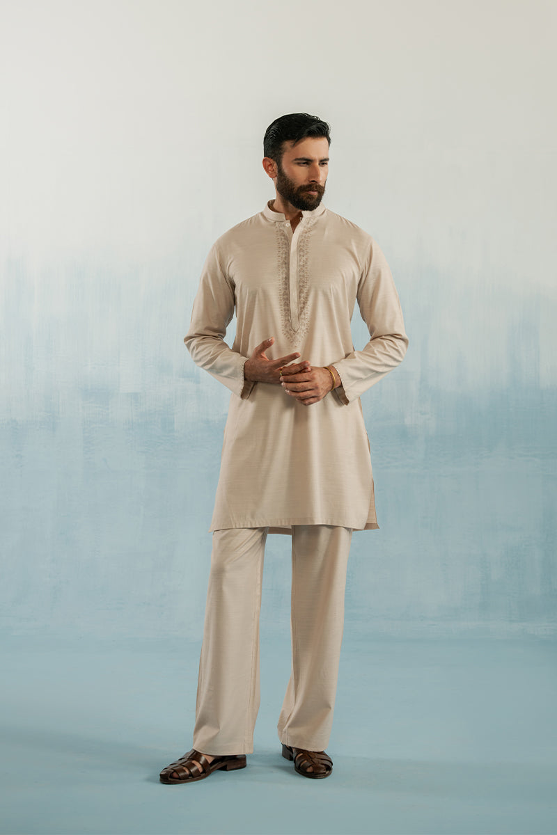 Boski Beige Embroidered Cotton Blend Kurta Pajama (2-Piece) - Image 1