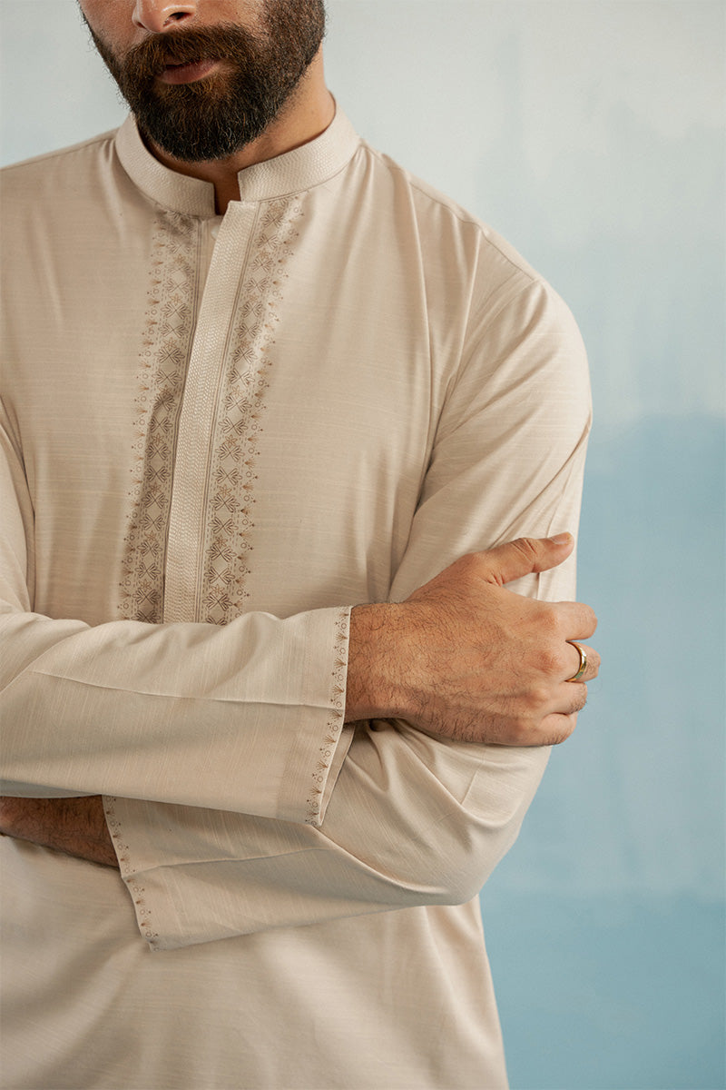 Boski Beige Embroidered Cotton Blend Kurta Pajama (2-Piece) - Image 2