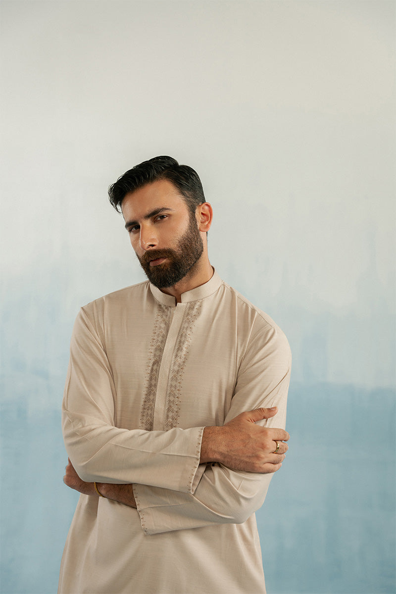 Boski Beige Embroidered Cotton Blend Kurta Pajama (2-Piece) - Image 3