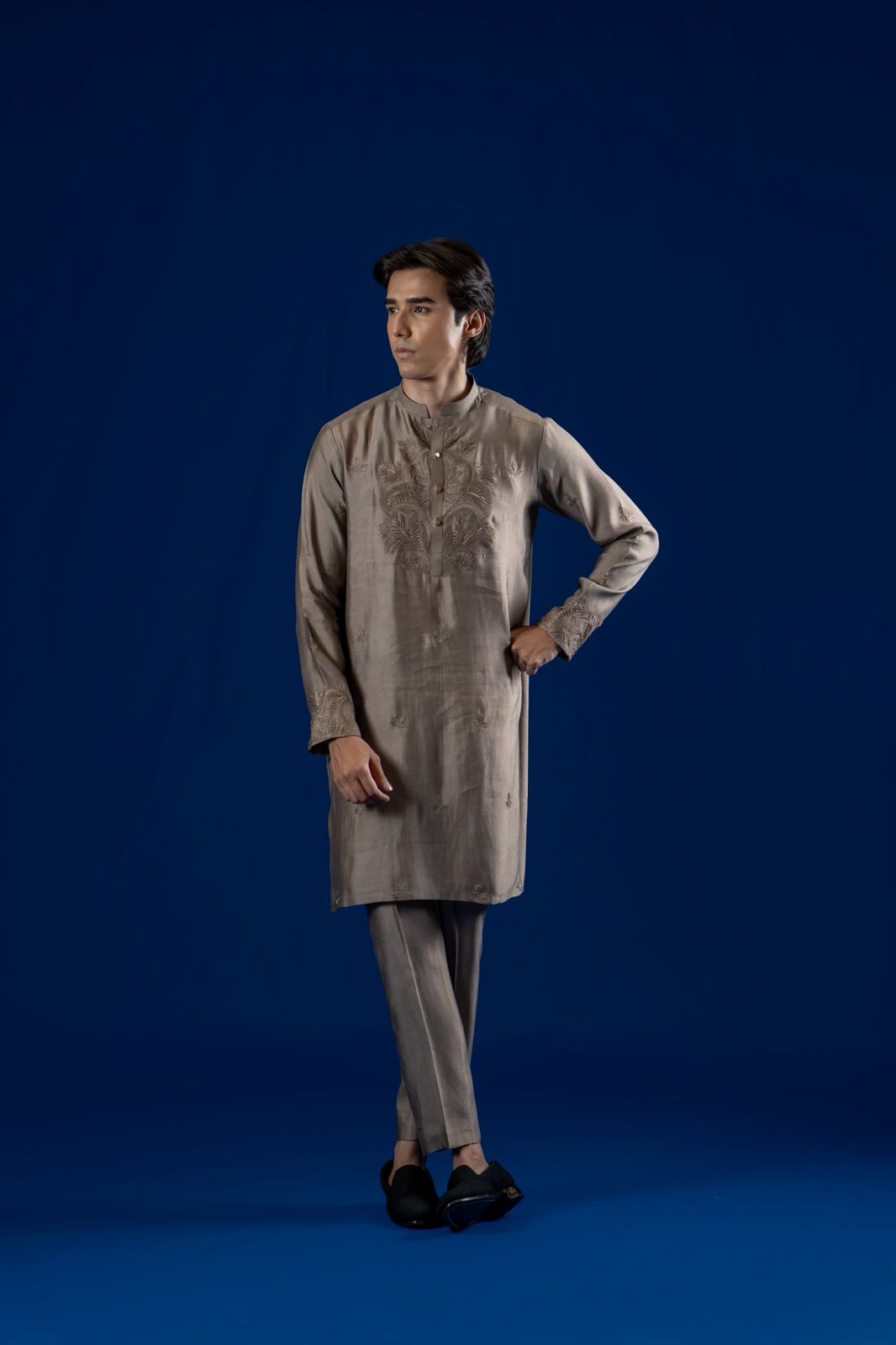 Taupe Embroidered Cotton Net Kurta Pajama (2-Piece) - Image 5