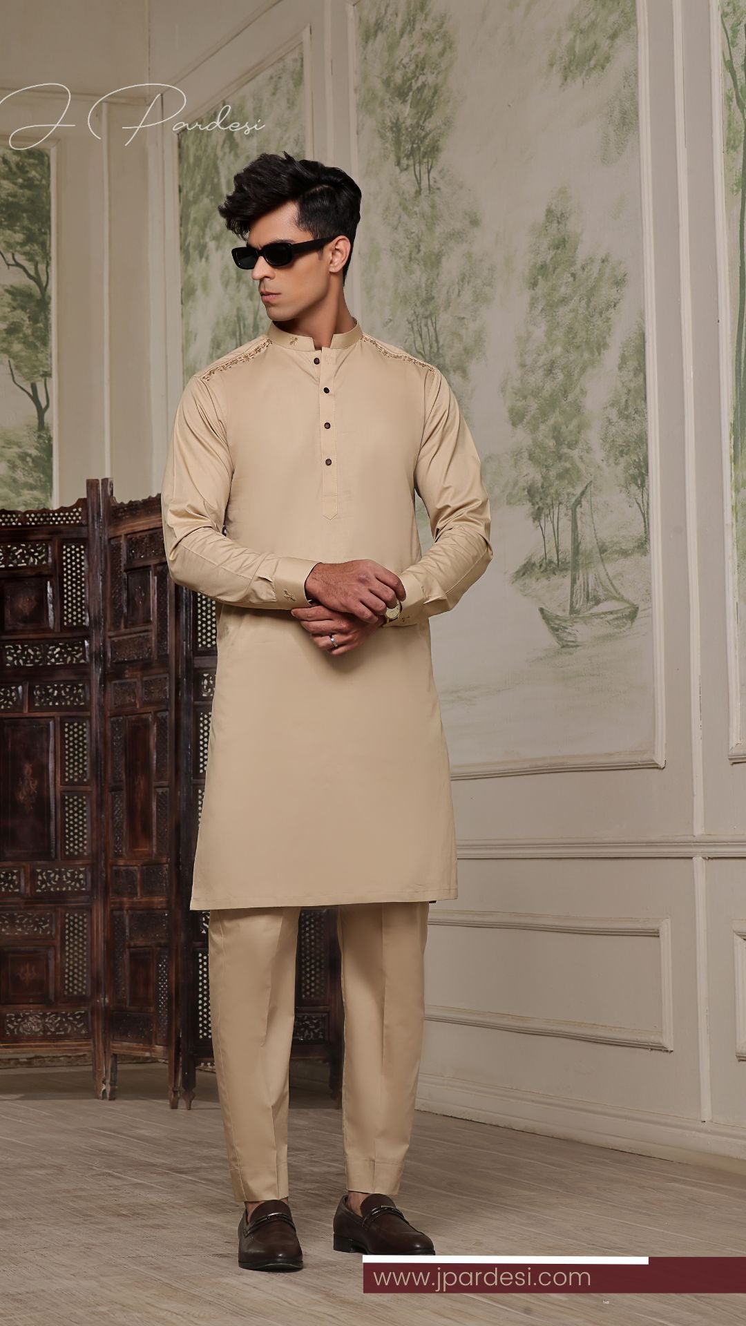 Skin-Tone Hand-Embroidered Cotton-Silk Kurta Pajama (2-Piece) - Image 1