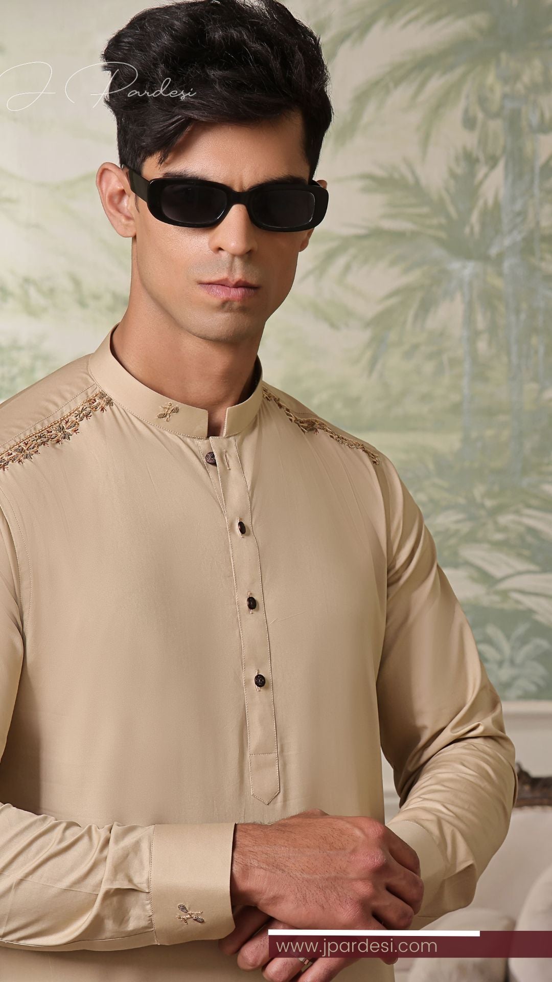 Skin-Tone Hand-Embroidered Cotton-Silk Kurta Pajama (2-Piece) - Image 4