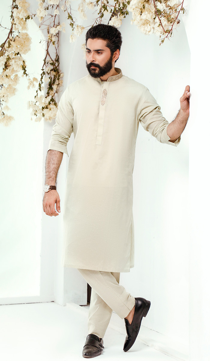 Beige Embroidered Cotton Kurta Pajama (2-Piece) - Image 2