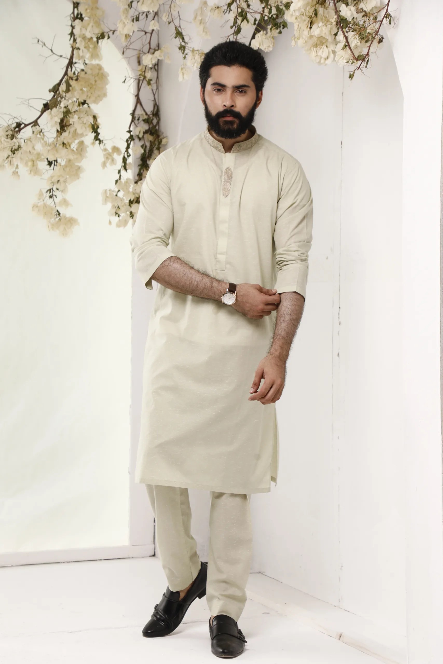 Beige Embroidered Cotton Kurta Pajama (2-Piece) - Image 3