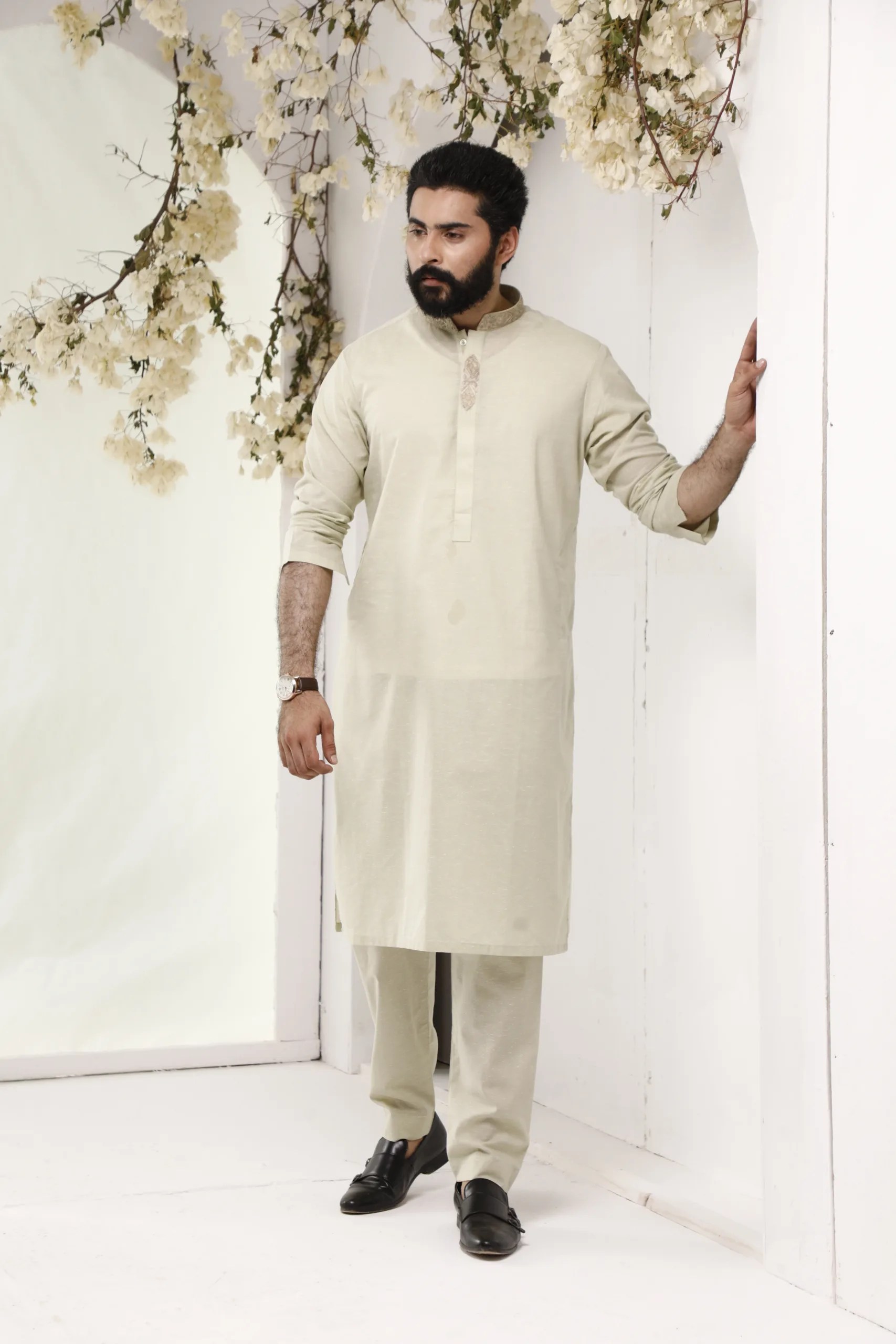 Beige Embroidered Cotton Kurta Pajama (2-Piece) - Image 4