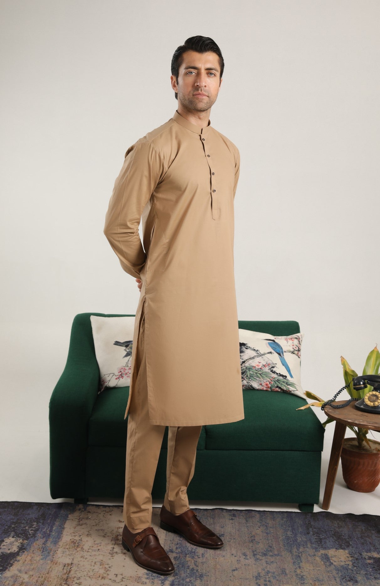 Camel Cotton Kurta Trouser Set (2-Piece) - Image 1