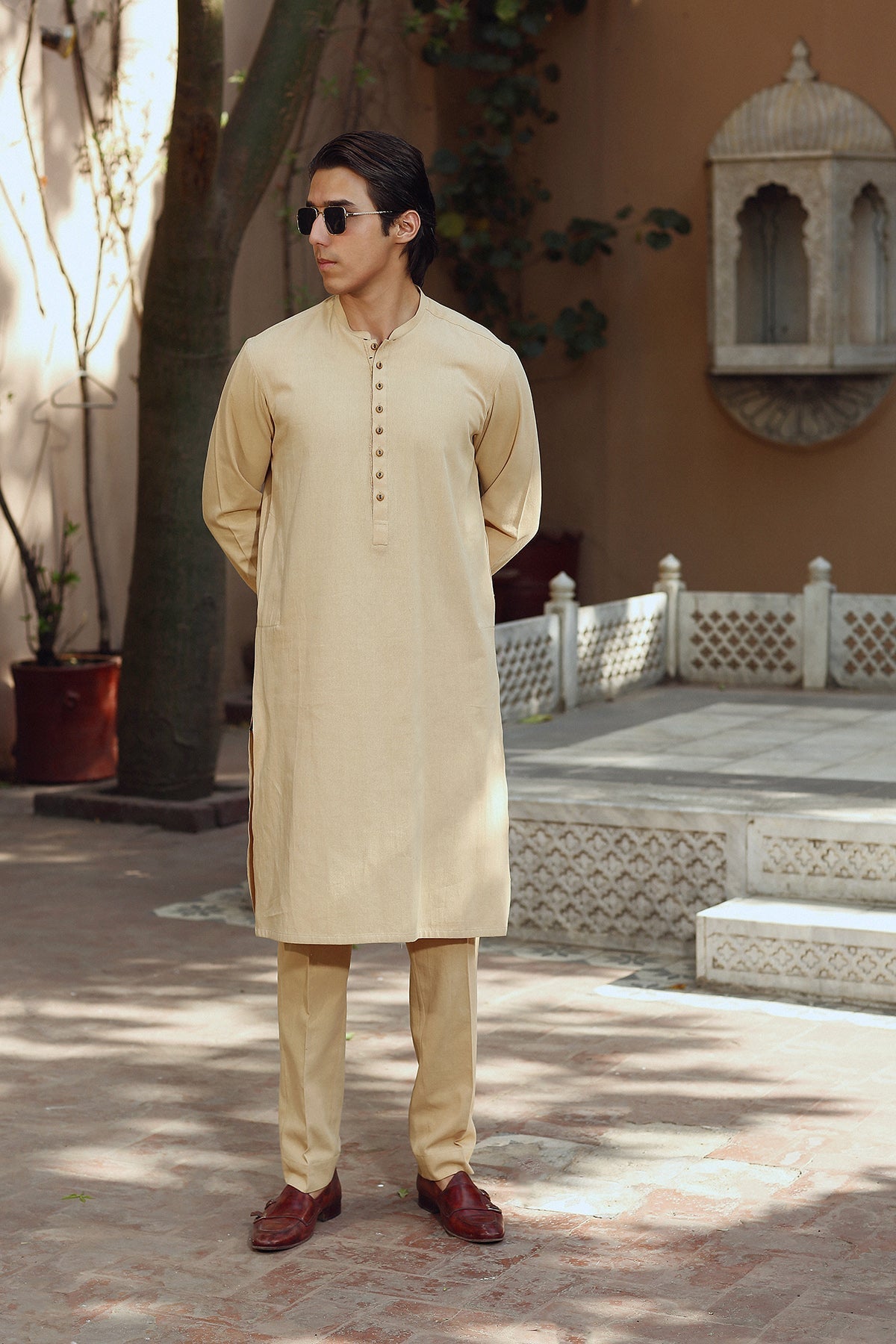 Fawn Hand-Stitched Premium Cotton Kurta Pajama (2-Piece) - Image 1