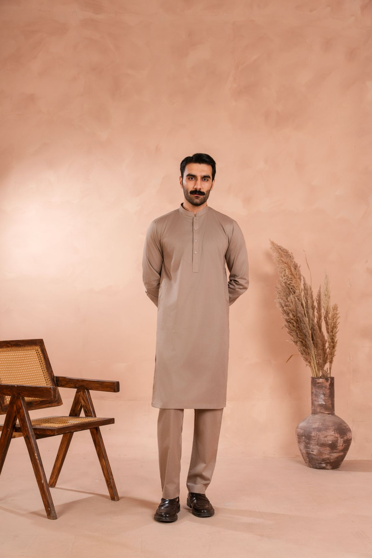 Beige Tonal-Stitched Luxury Cotton Kurta Trouser Set (2-Piece) - Image 1