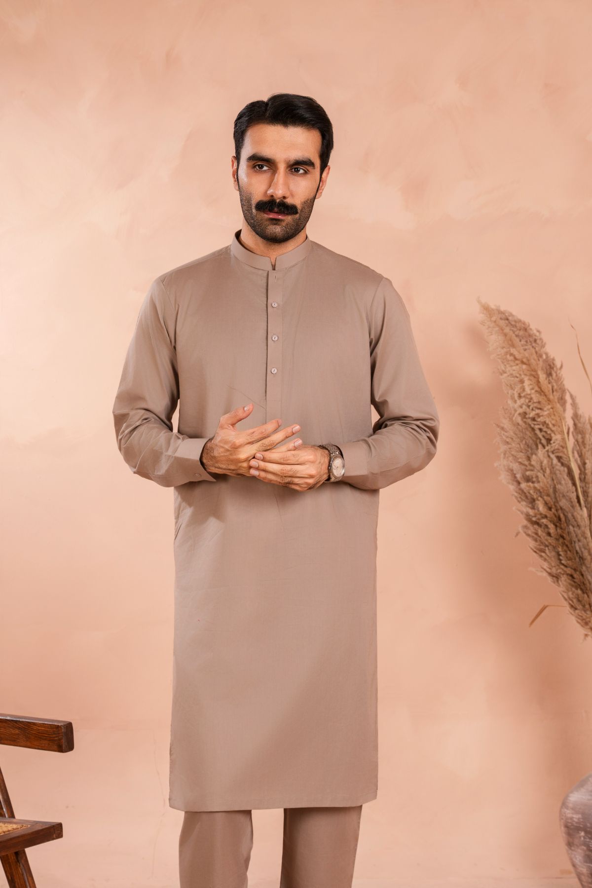Beige Tonal-Stitched Luxury Cotton Kurta Trouser Set (2-Piece) - Image 2