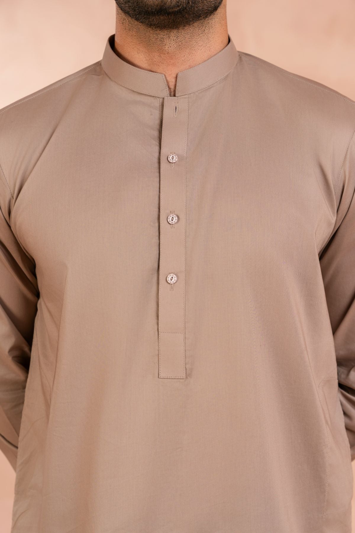 Beige Tonal-Stitched Luxury Cotton Kurta Trouser Set (2-Piece) - Image 3