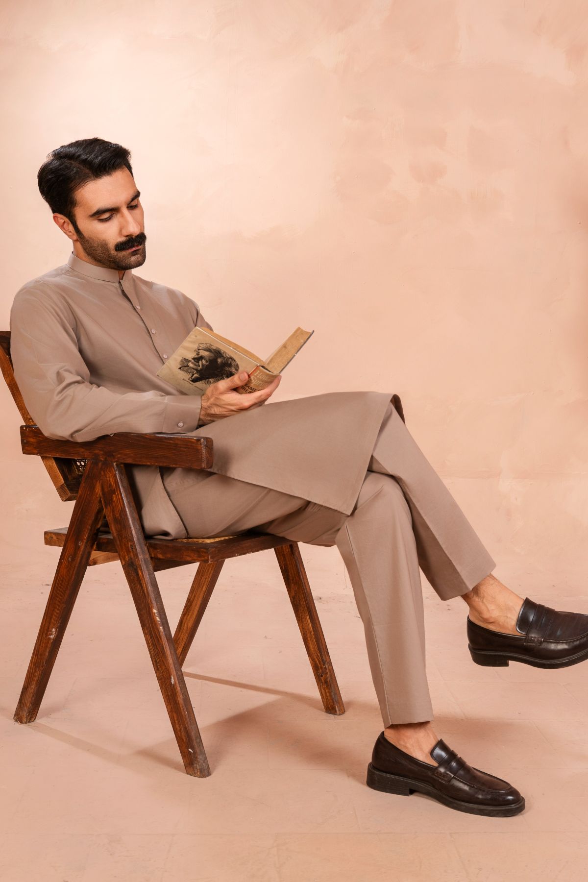 Beige Tonal-Stitched Luxury Cotton Kurta Trouser Set (2-Piece) - Image 4