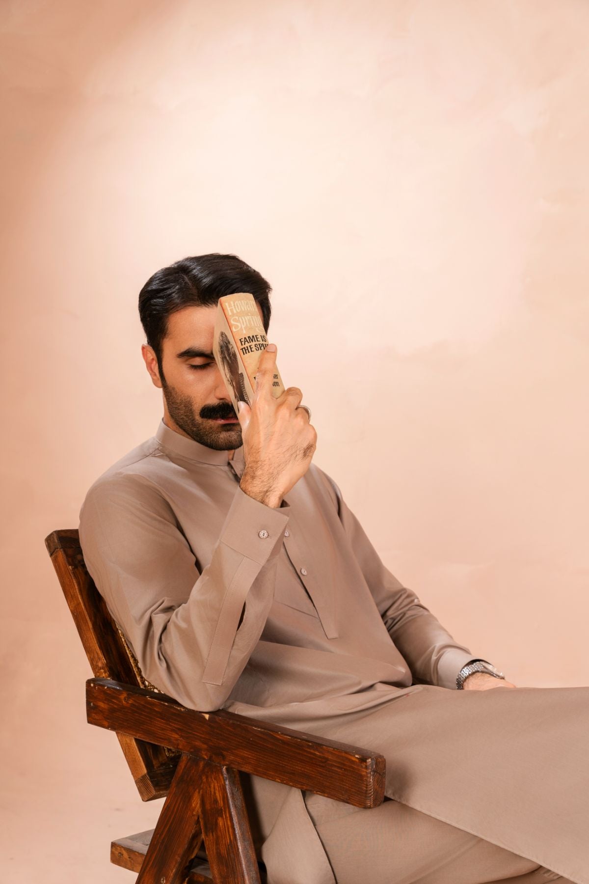 Beige Tonal-Stitched Luxury Cotton Kurta Trouser Set (2-Piece) - Image 5