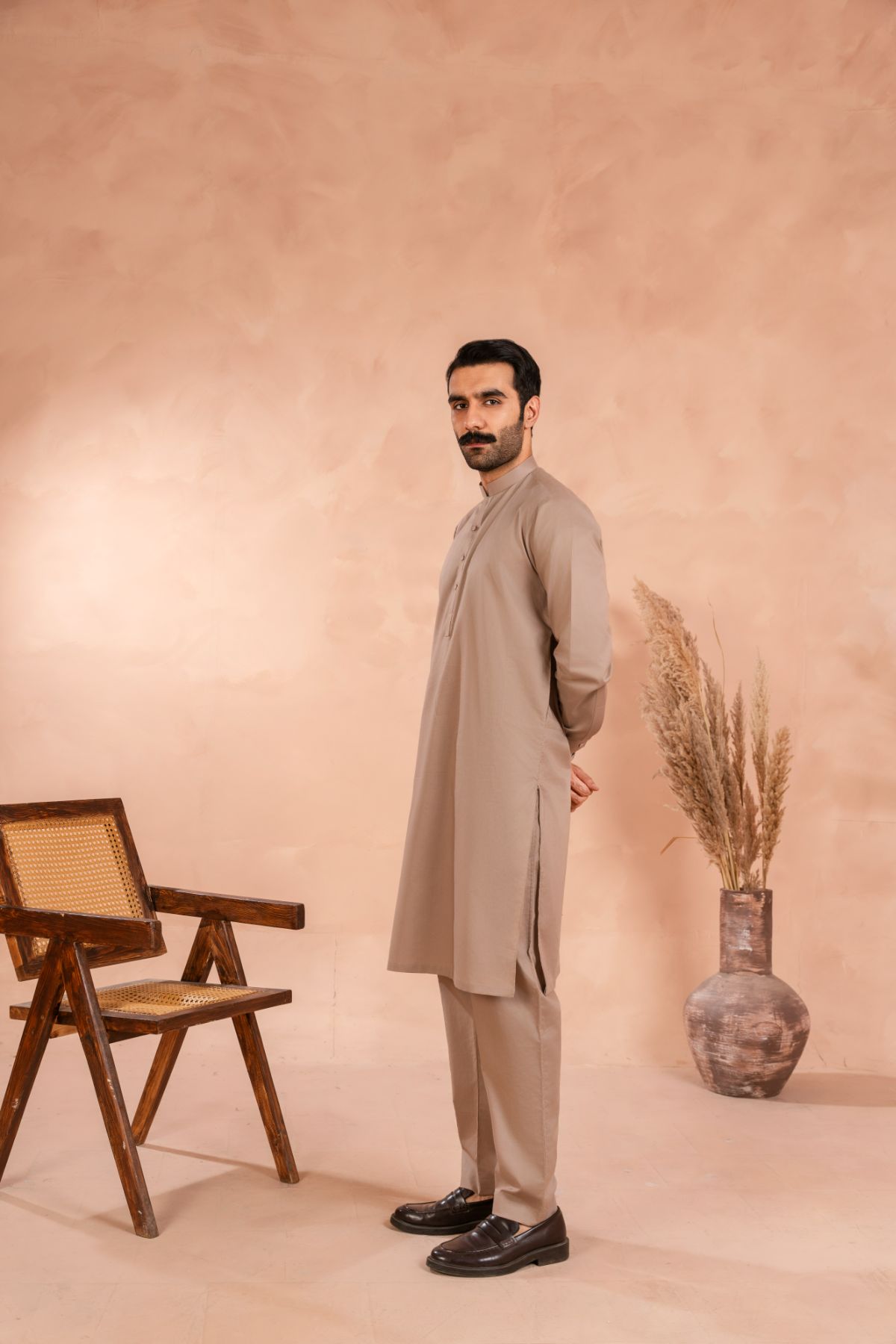 Beige Tonal-Stitched Luxury Cotton Kurta Trouser Set (2-Piece) - Image 6