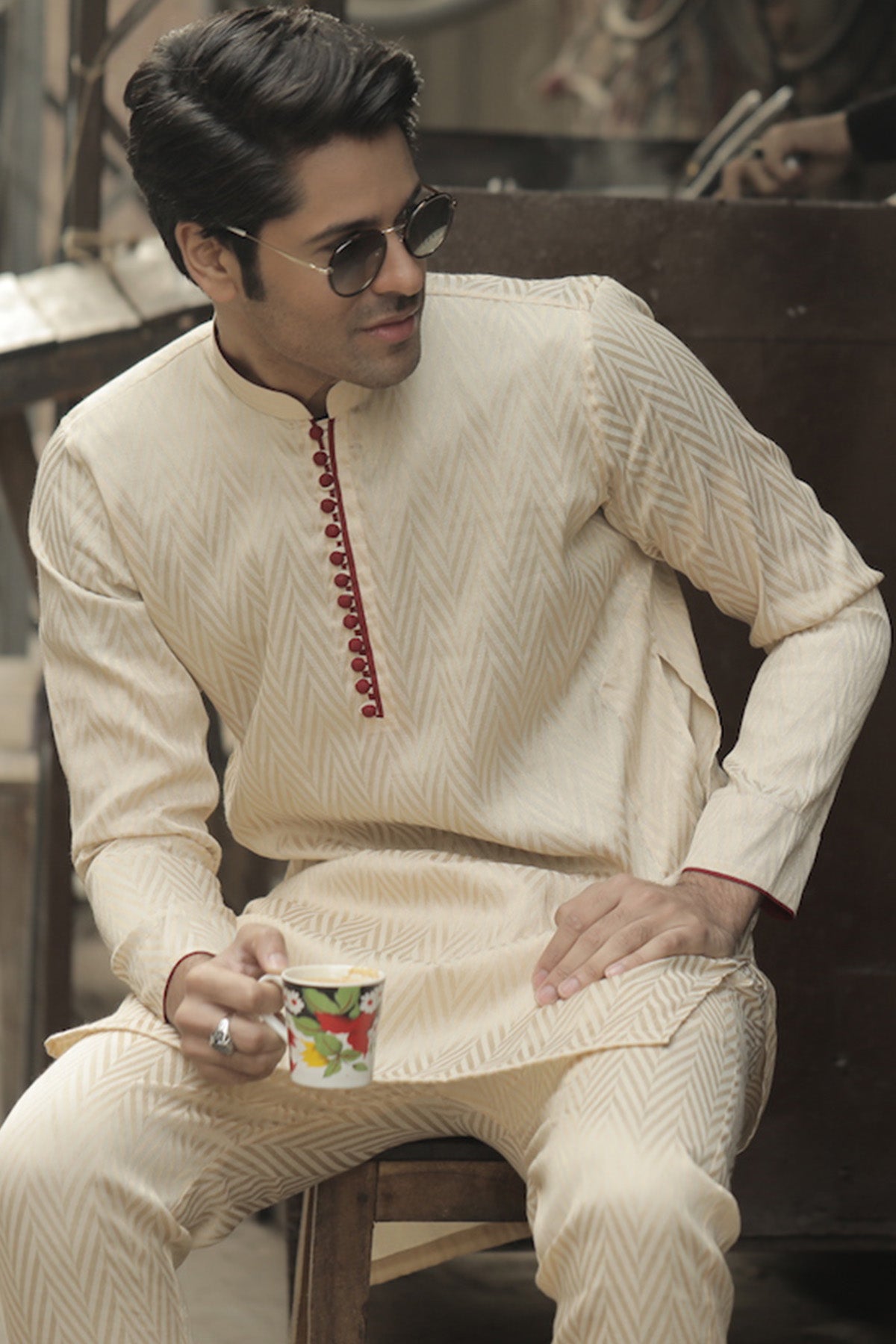 Beige Chevron Woven Cotton Kurta Pajama (2-Piece) - Image 1