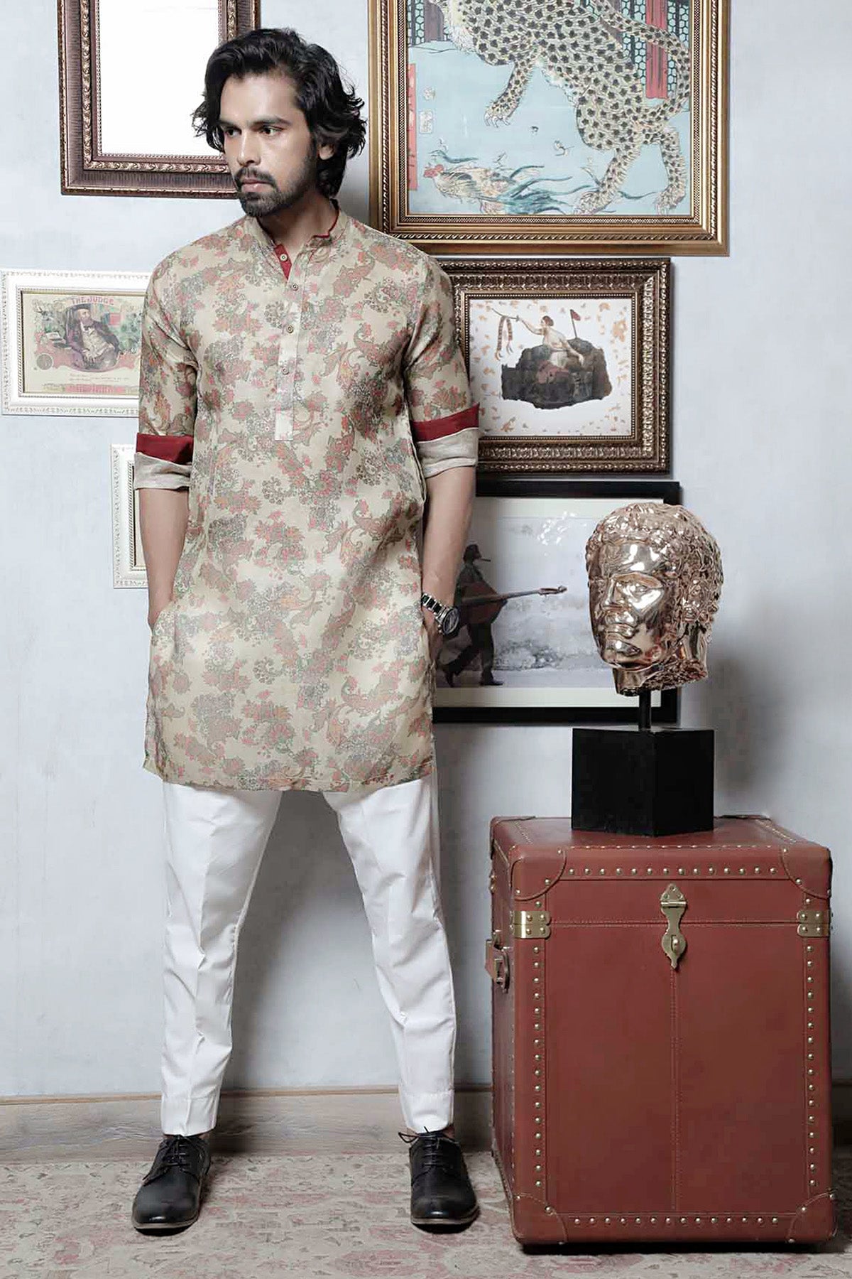 Beige Printed Cotton Kurta Pajama (2-Piece) - Image 1