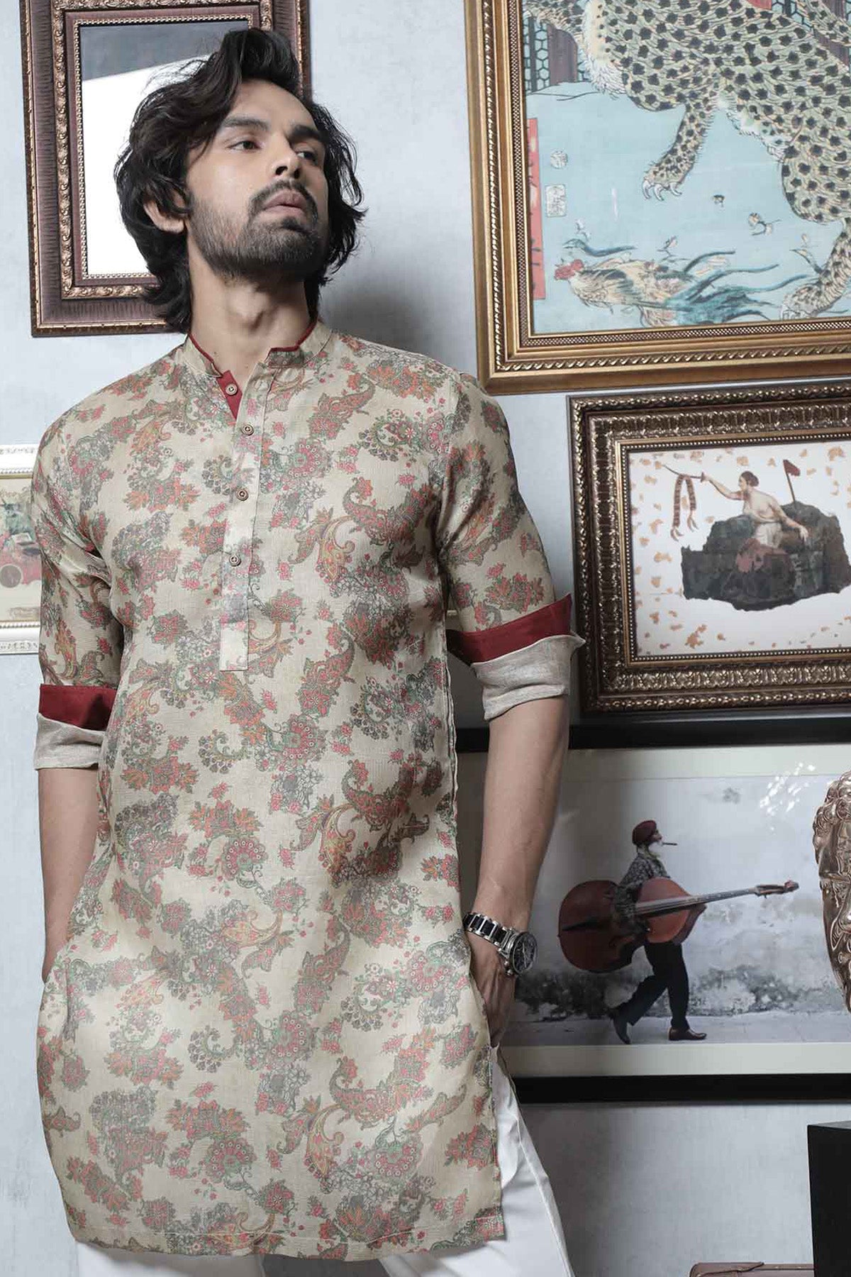 Beige Printed Cotton Kurta Pajama (2-Piece) - Image 2