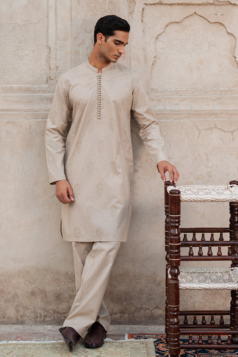 Beige Block Printed Cotton Kurta Pajama (2-Piece) - Image 1